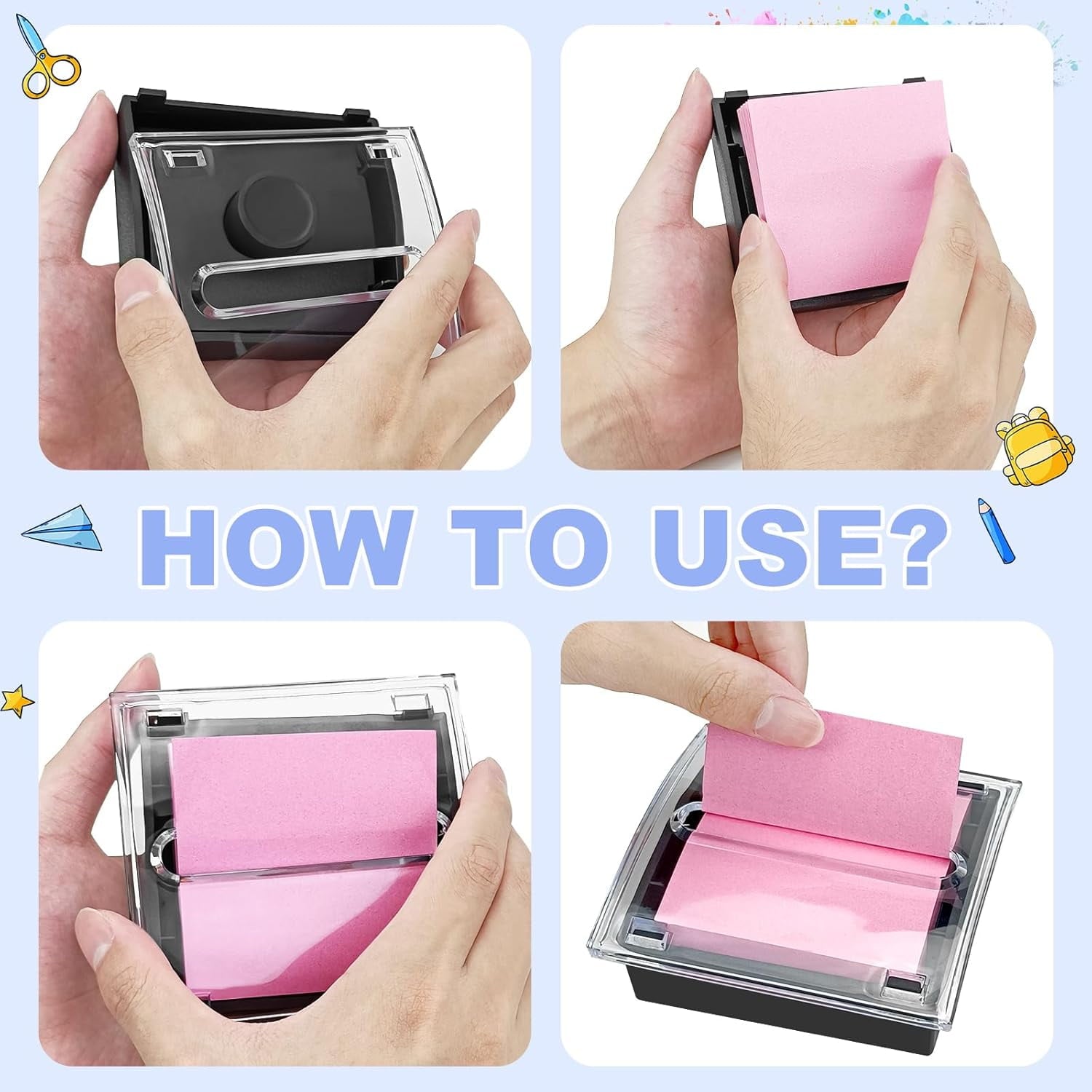 TACYKIBD  Post it Note Dispenser,3x3 InchesSticky Note Holder, Black Base,Pop up Post it Notes Dispenser for Office Home Classroom Desk Supp - Image 4