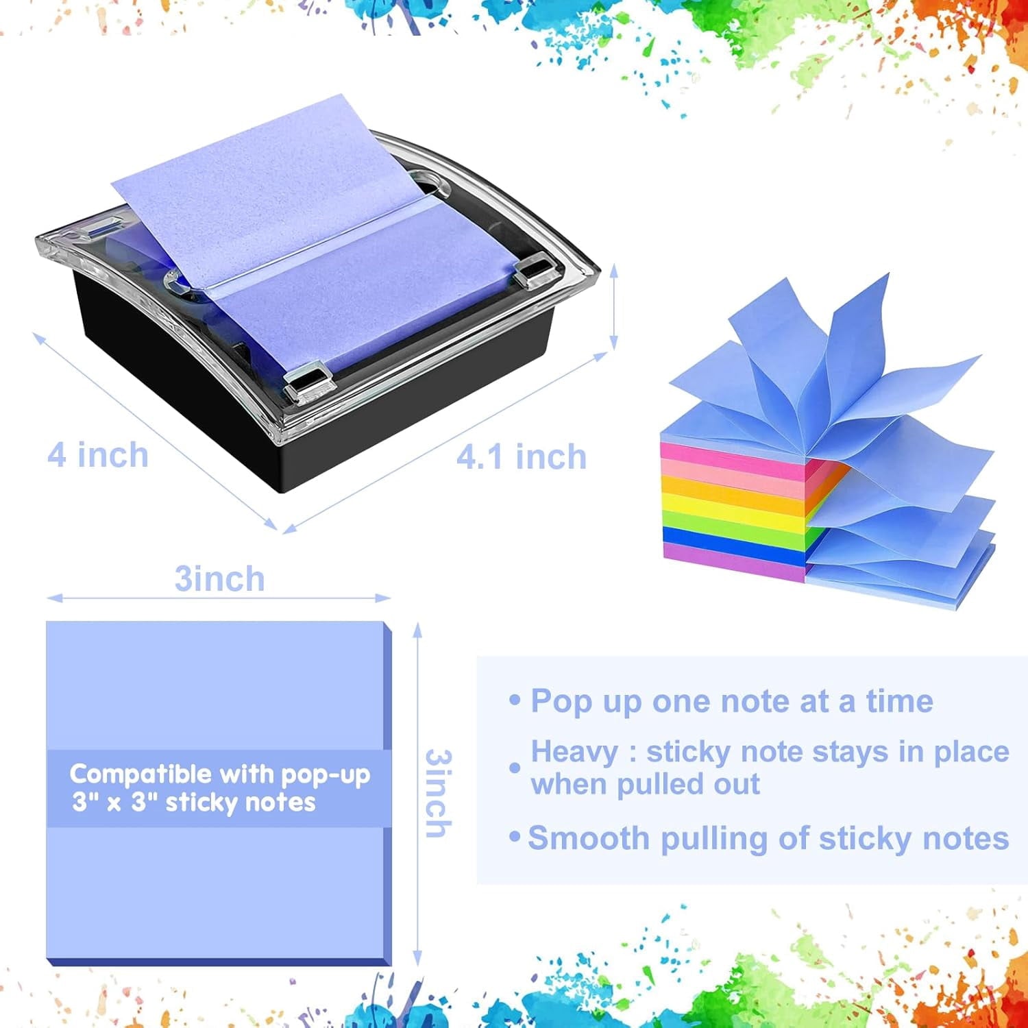 TACYKIBD  Post it Note Dispenser,3x3 InchesSticky Note Holder, Black Base,Pop up Post it Notes Dispenser for Office Home Classroom Desk Supp - Image 2