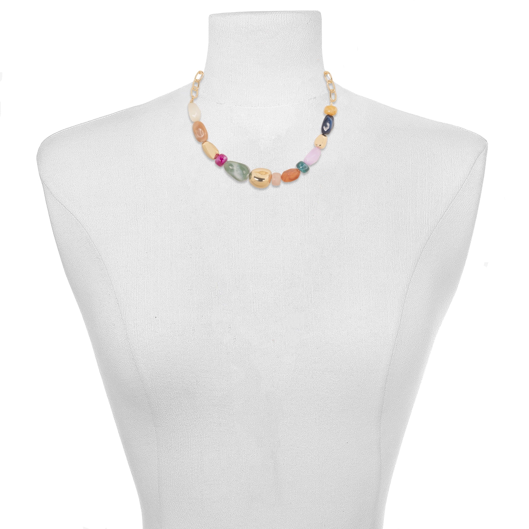Women's Gold Tone Statement Necklace with Colorful Beads and Chain Detail - Image 4