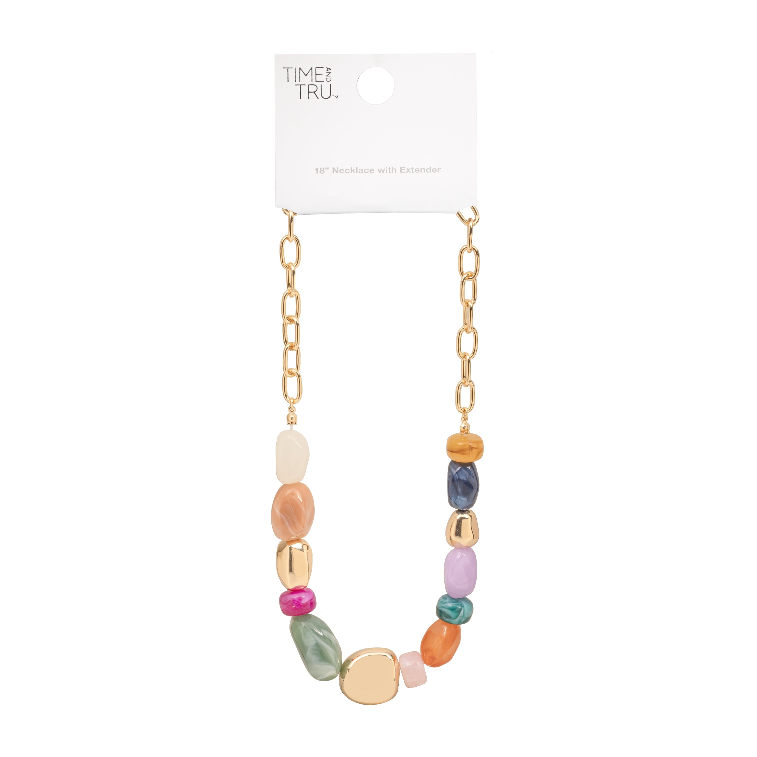 Women's Gold Tone Statement Necklace with Colorful Beads and Chain Detail - Image 5