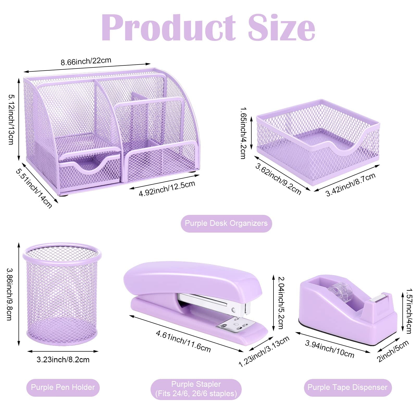 Purple Mesh Desk Organizer and Accessories, Purple Office Supplies 7 Compartments Desk Organizer with Stapler, Tape D... - Image 2
