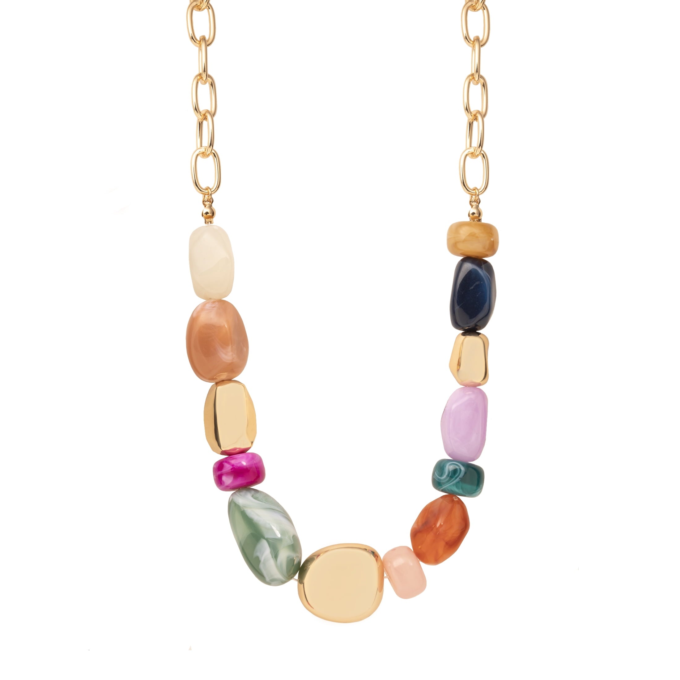 Women's Gold Tone Statement Necklace with Colorful Beads and Chain Detail - Image 2