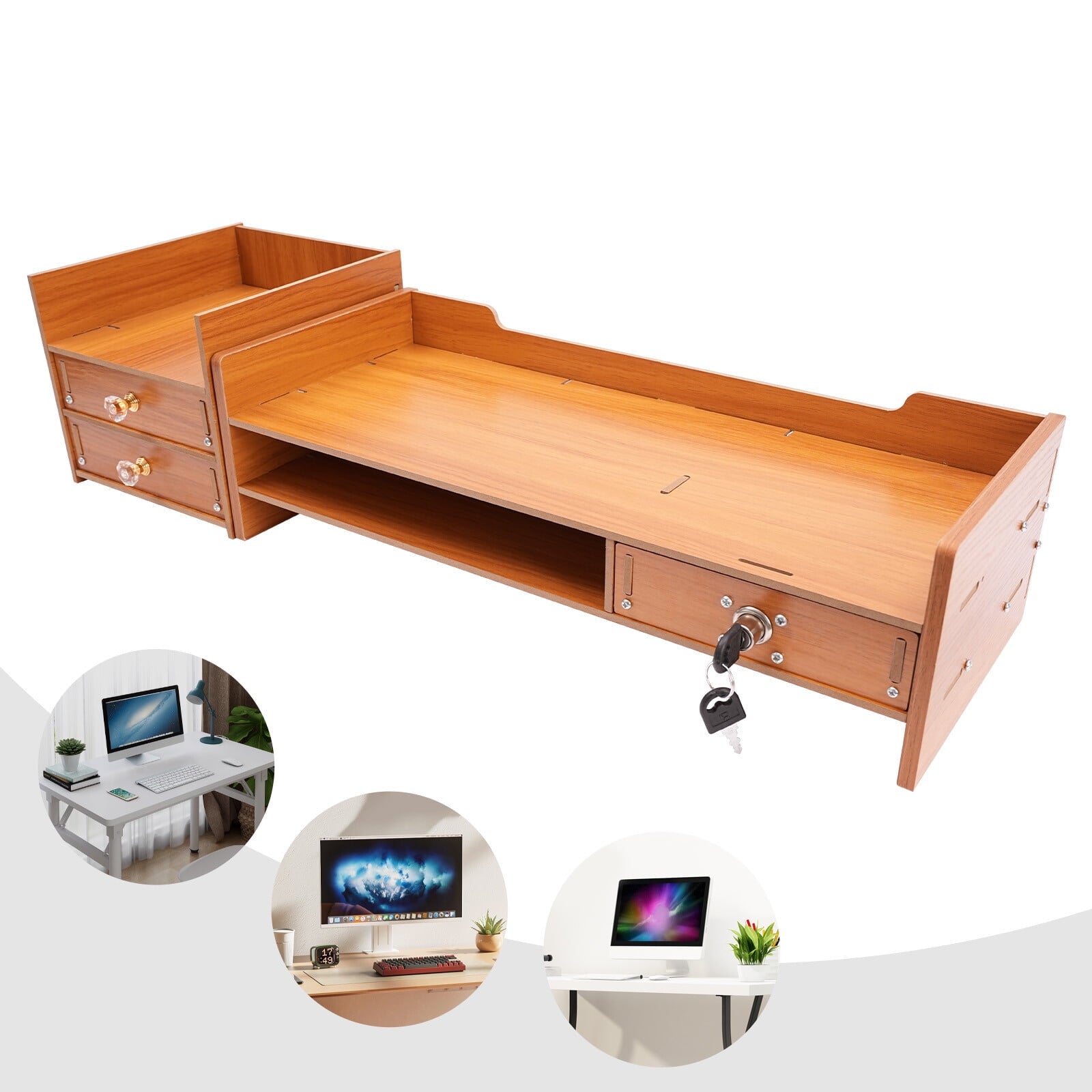 Wooden Desk Organizer with Drawers Office Supplies Computer Desktop Tabletop - Image 4