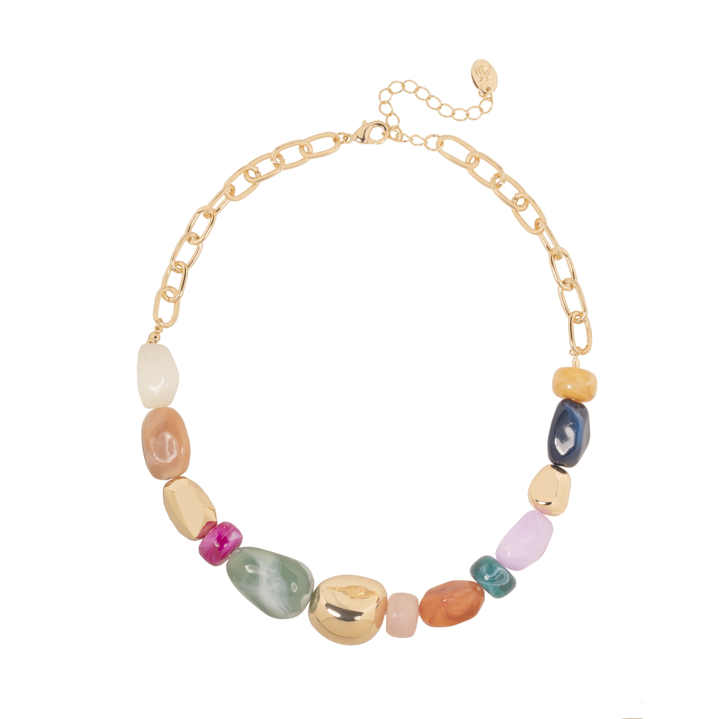Women's Gold Tone Statement Necklace with Colorful Beads and Chain Detail