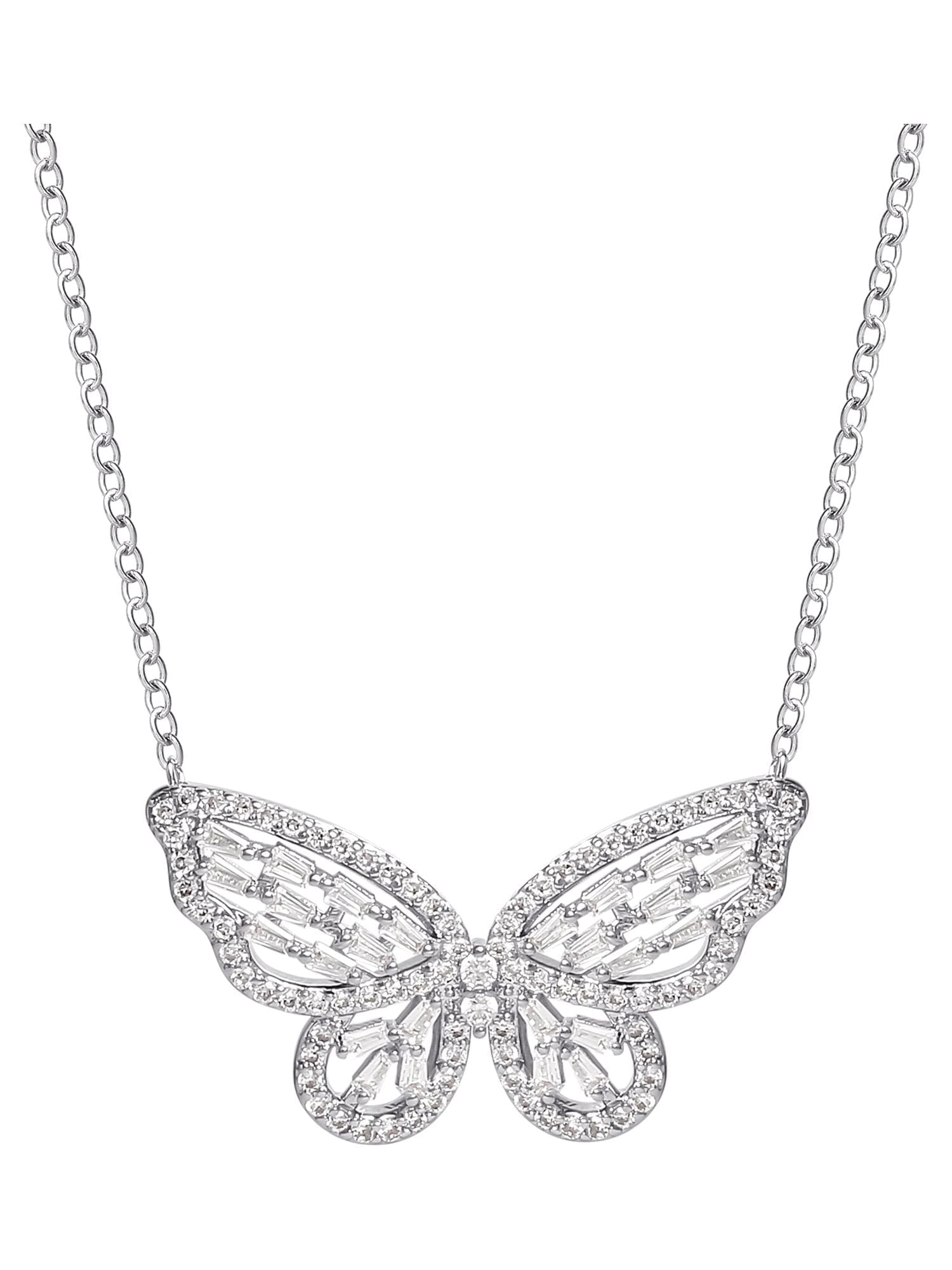 Women's Fine Silver Plated Cubic Zirconia Butterfly Necklace, 18" + 2"