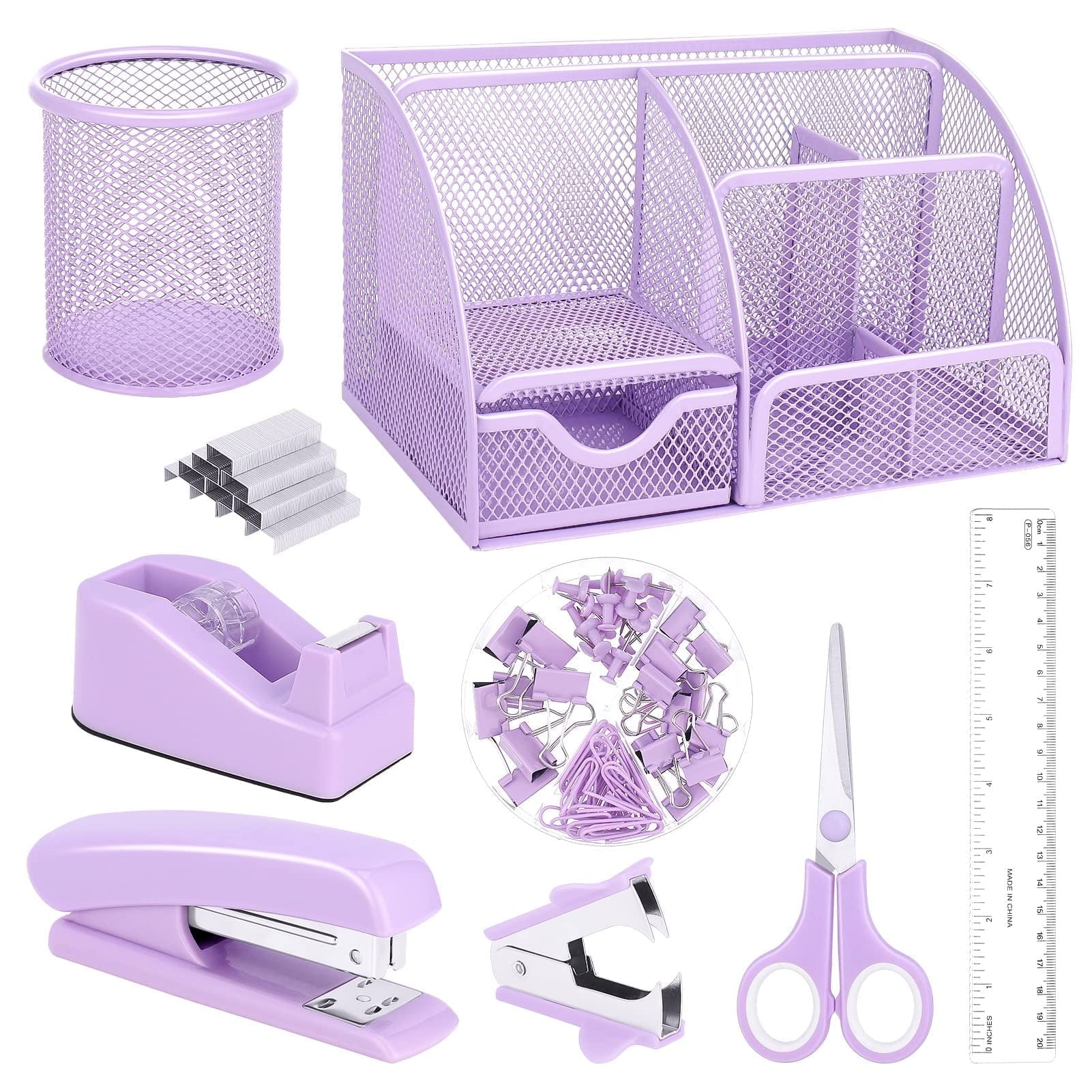 Purple Mesh Desk Organizer and Accessories, Purple Office Supplies 7 Compartments Desk Organizer with Stapler, Tape D...