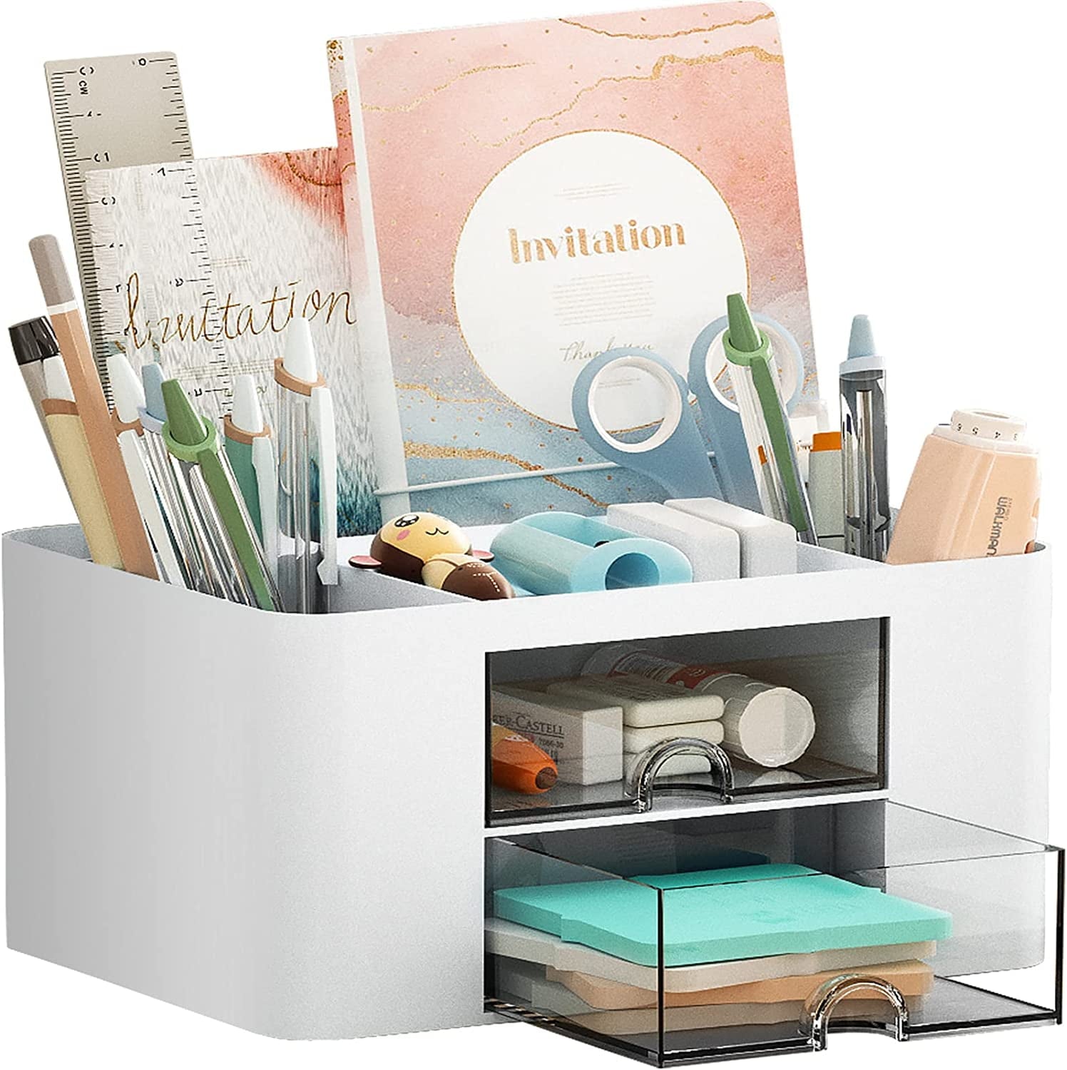 Pen Organizer with 2 Drawer, Multi-Functional Pencil Holder for Desk, Desk Organizers and Accessories with 5 Compartm...