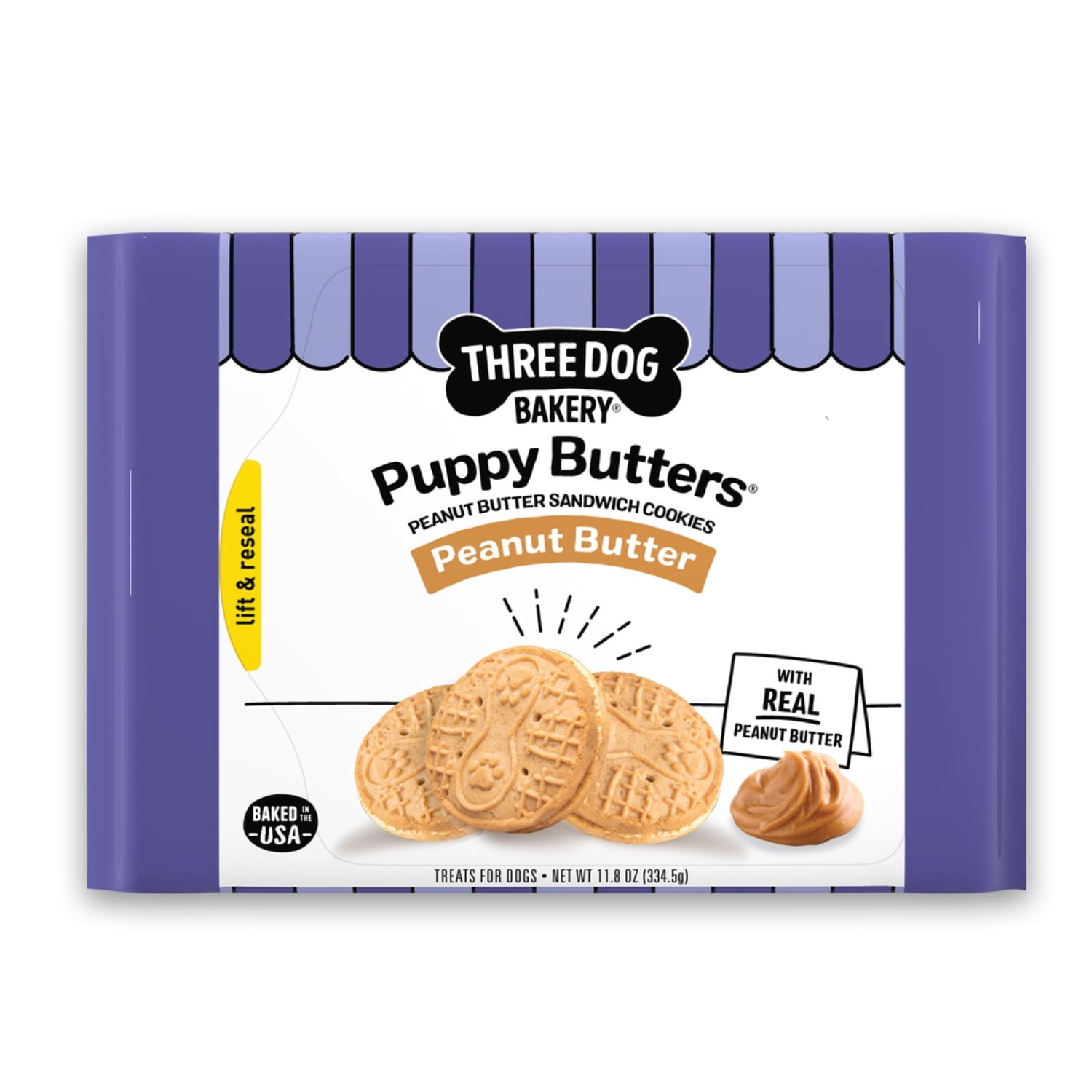 Three Dog Bakery Puppy Butters, Crunchy Peanut Butter Dog Sandwich Cookies, 11.8 oz