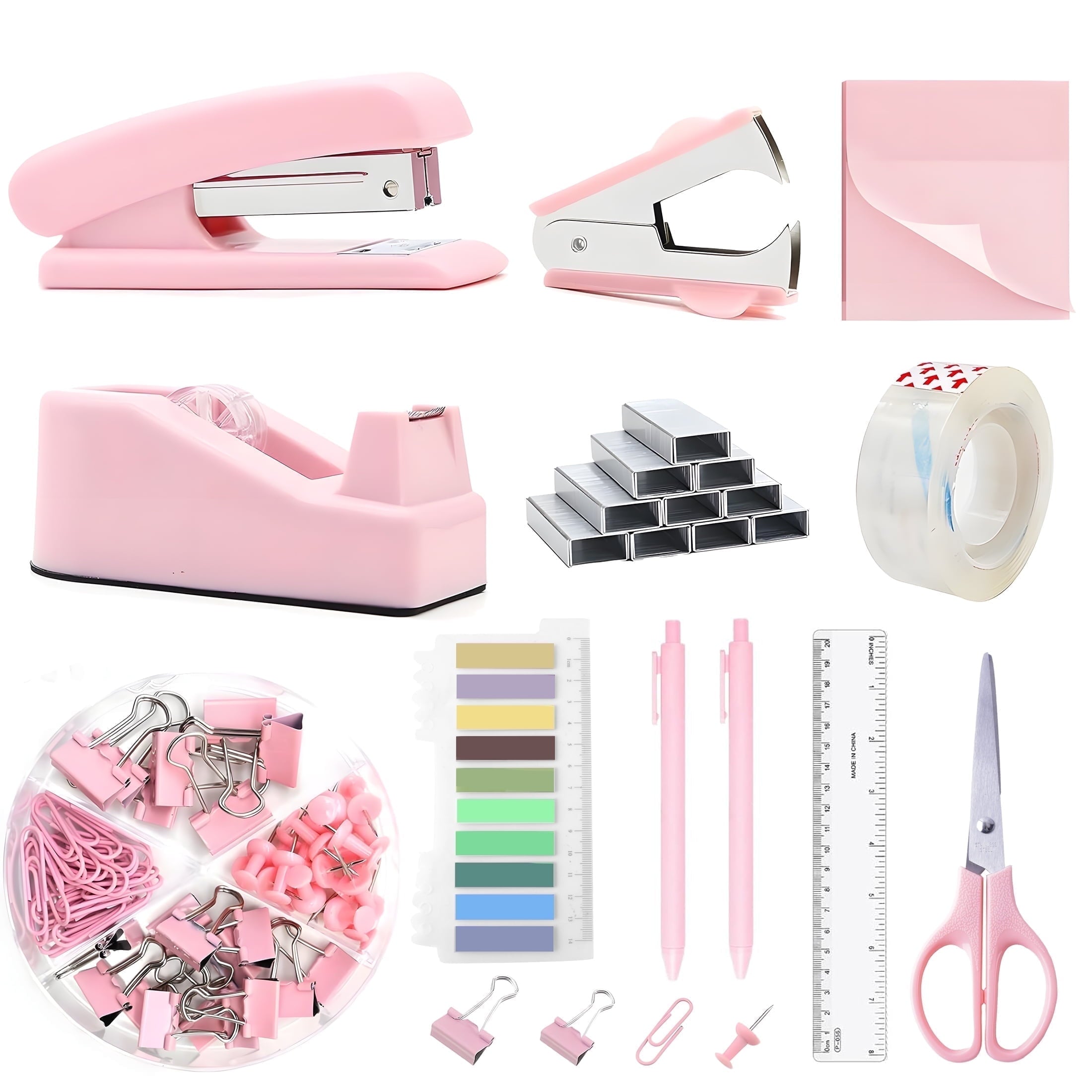 Pink Office Supplies Set, Stapler and Tape Dispenser Set Desk Accessories Kit with Stapler, Tape Dispenser, Remover, ...