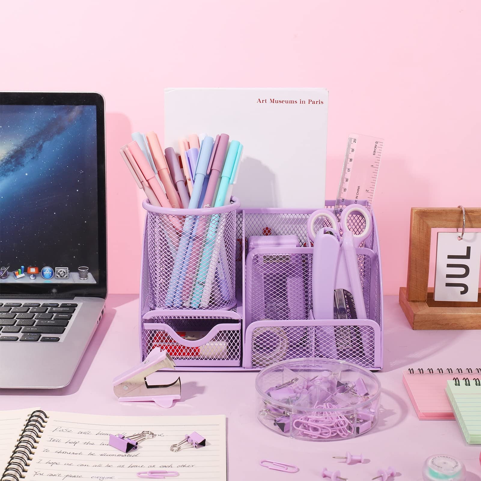 Purple Mesh Desk Organizer and Accessories, Purple Office Supplies 7 Compartments Desk Organizer with Stapler, Tape D... - Image 3